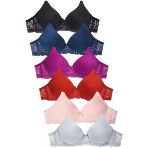 PACK OF 6 Women's Mamia Full Coverage Wireless Lace Trim Bras (BR4495PLN)